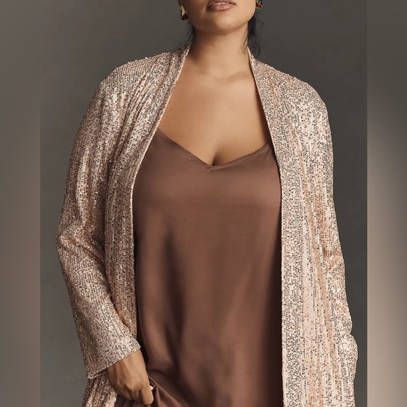 Mare Mare x Anthropologie Longline Sequin Kimono XS Rose Gold Pink Open Duster - Picture 3 of 11